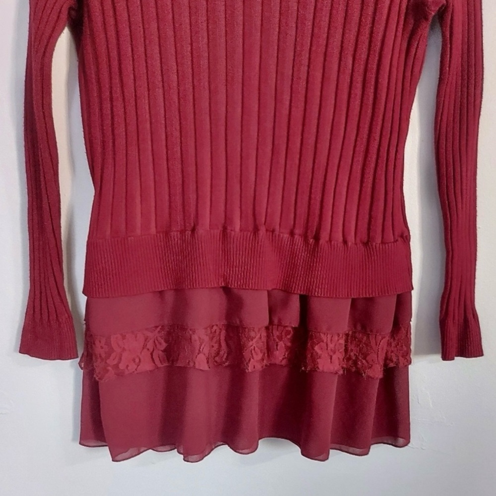 Lavena Romantic Pull On Sweater Cranberry Ruffles Bow Tie Buttons XXL - Picture 7 of 8